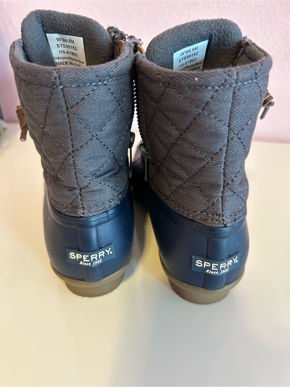 Sperry Quilted Duck Boots in Gray and Navy - Picture 3 of 5
